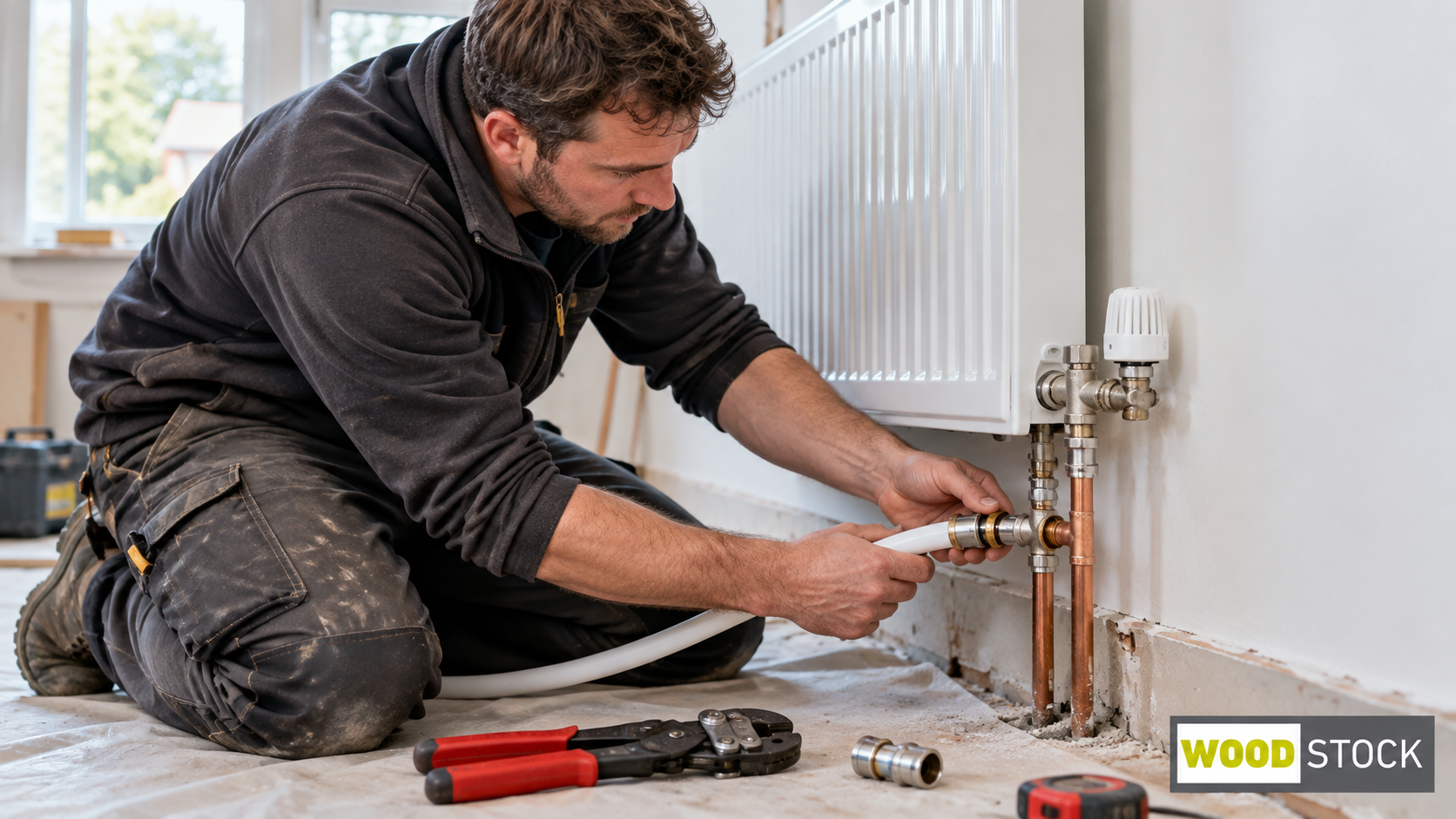 Monteur sluit een Alu-PEX cv-leiding aan op bestaand leidingwerk bij een radiator.