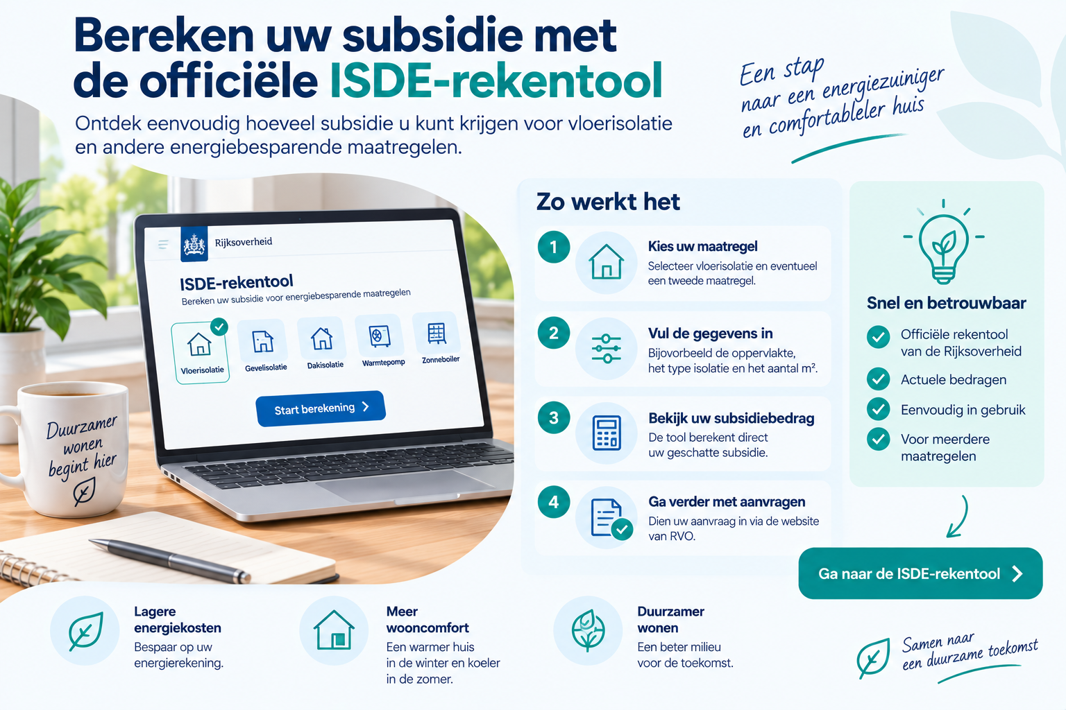 Infographic met de officiële ISDE-rekentool van RVO en vier stappen om de mogelijke subsidie voor vloerisolatie en andere energiebesparende maatregelen te berekenen.