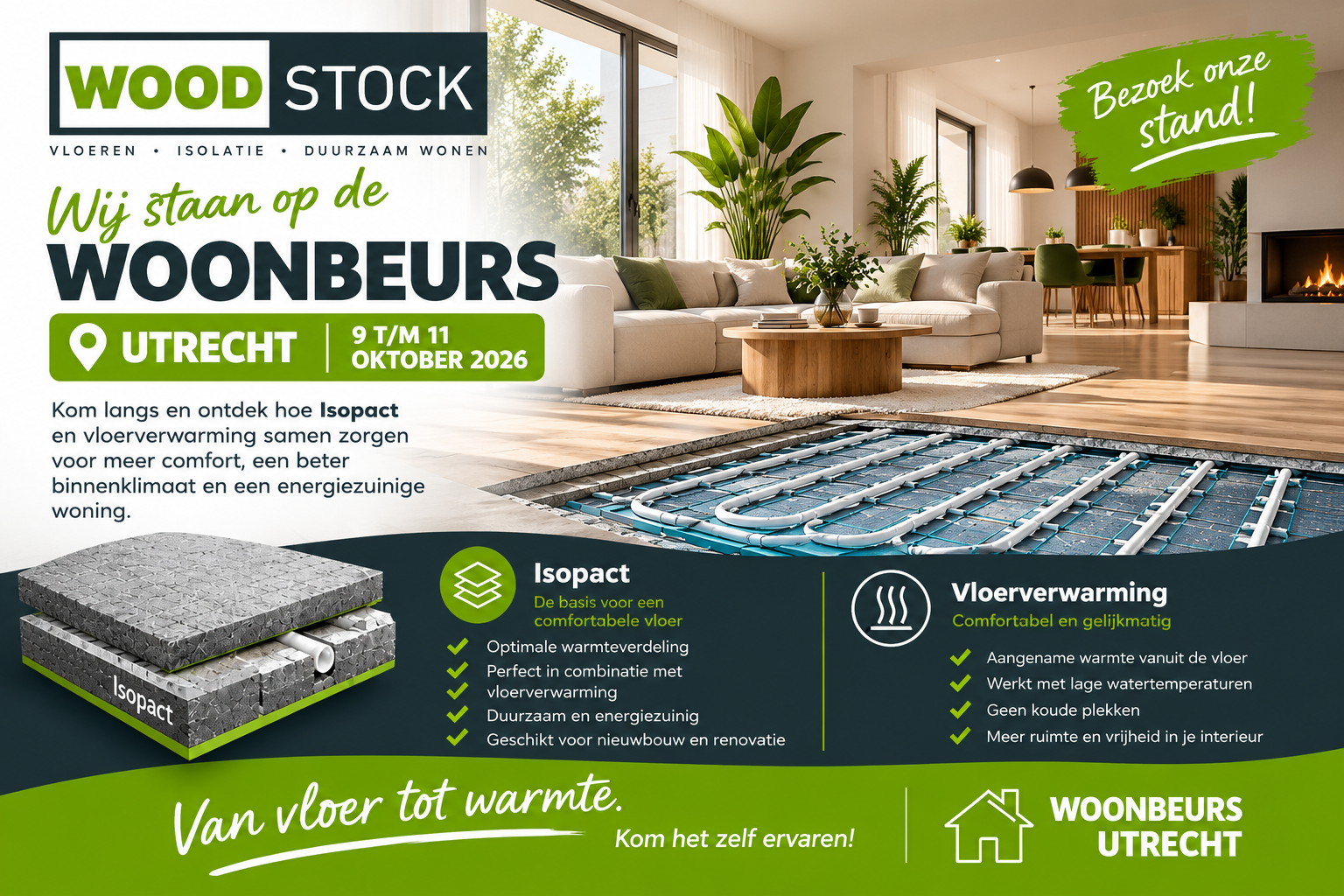 Woodstock Vloeren op de Woonbeurs Utrecht 2026 met Isopact en vloerverwarming.
