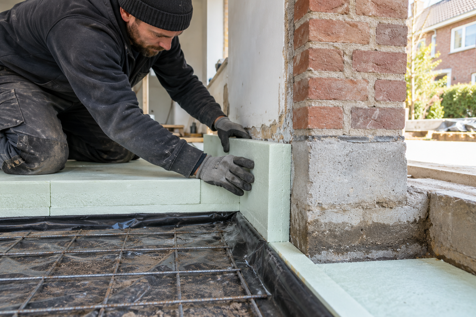 Vakman plaatst isolatie langs de vloerranden en sluit deze aan op de vloerisolatie bij de buitenmuur.