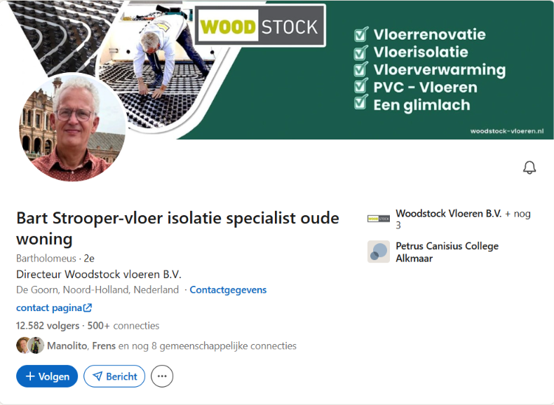 LinkedIn-profiel van Bart Strooper, directeur van Woodstock Vloeren