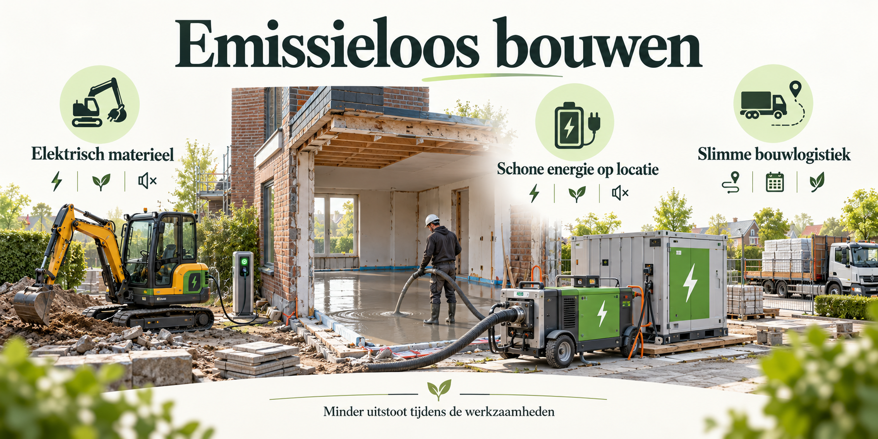 emissieloos bouwen met elektrisch materieel, energievoorziening op locatie en slimme bouwlogistiek bij het storten van schuimbeton.