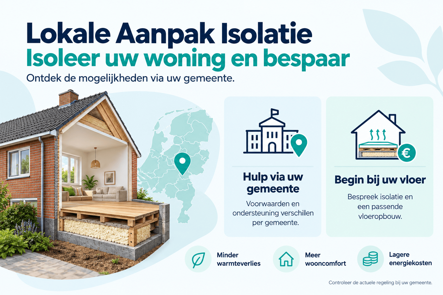 Infographic over de Lokale Aanpak Isolatie met een geïsoleerde woning, een kaart van Nederland en ondersteuning via de gemeente.