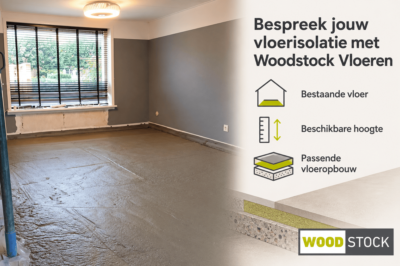 Foto van een schuimbetonvloer over de bestaande vloer, beschikbare hoogte en passende vloeropbouw, met het Woodstock-logo rechtsonder.