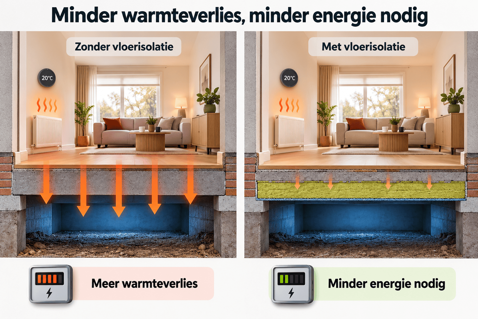 vergelijkt warmteverlies door een vloer zonder isolatie met een geïsoleerde vloer die minder energie vraagt om de woning warm te houden.