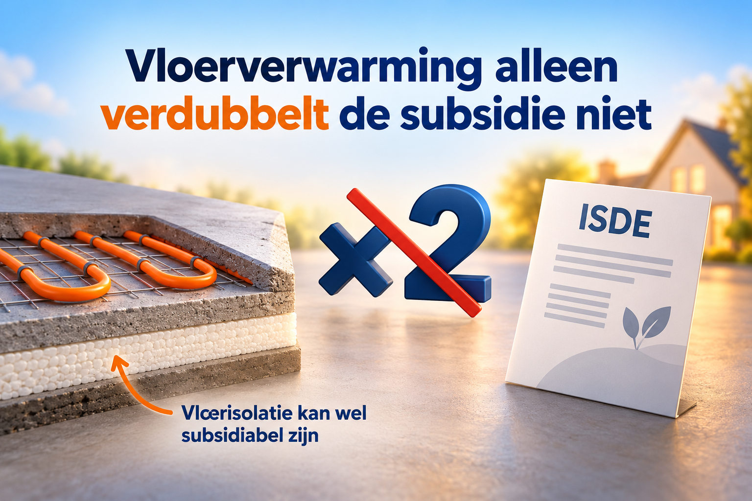 vloerverwarming, vloerisolatie en een doorgestreept verdubbelingssymbool: vloerverwarming alleen verdubbelt de ISDE-subsidie niet.