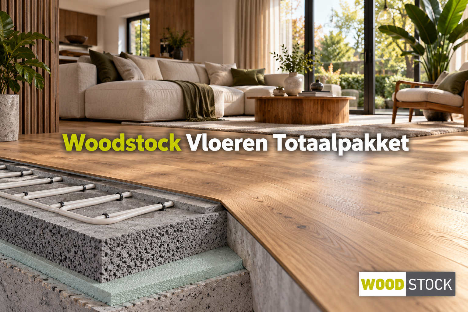 Vloeropbouw met isolatie, schuimbeton en vloerverwarming die overgaat in een afgewerkte woonkamer, met de tekst Woodstock Vloeren Totaalpakket.